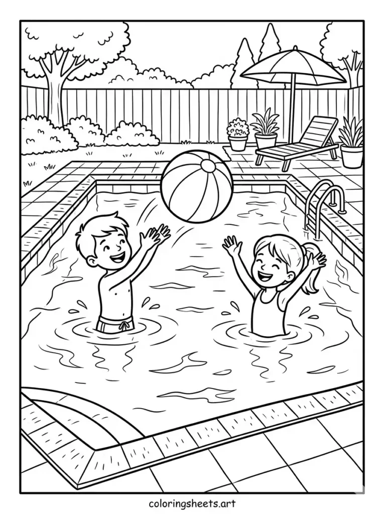A simple backyard pool with children playing with a beach ball, free printable PDF coloring sheets for kids coloring page