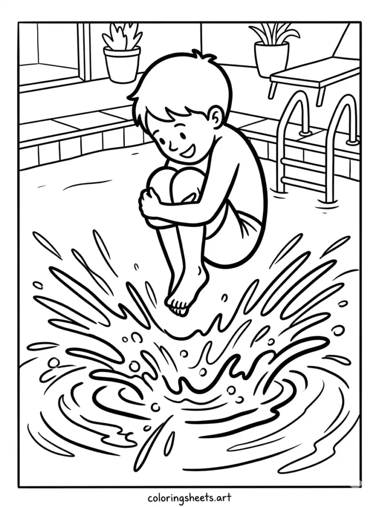 A child performing a cannonball splash jump into a deep pool, simple printable PDF coloring sheets coloring page