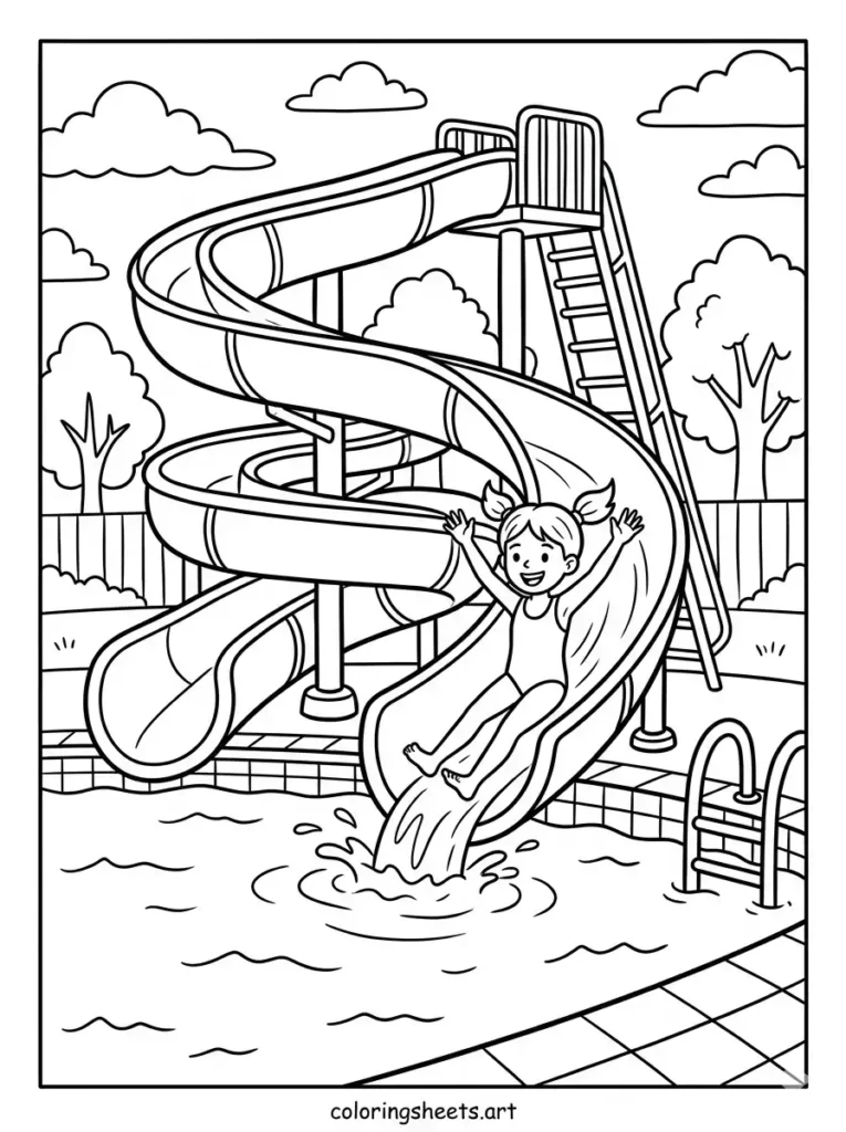A girl sliding down a large twisting water slide into a pool, printable PDF for kids coloring sheets coloring page