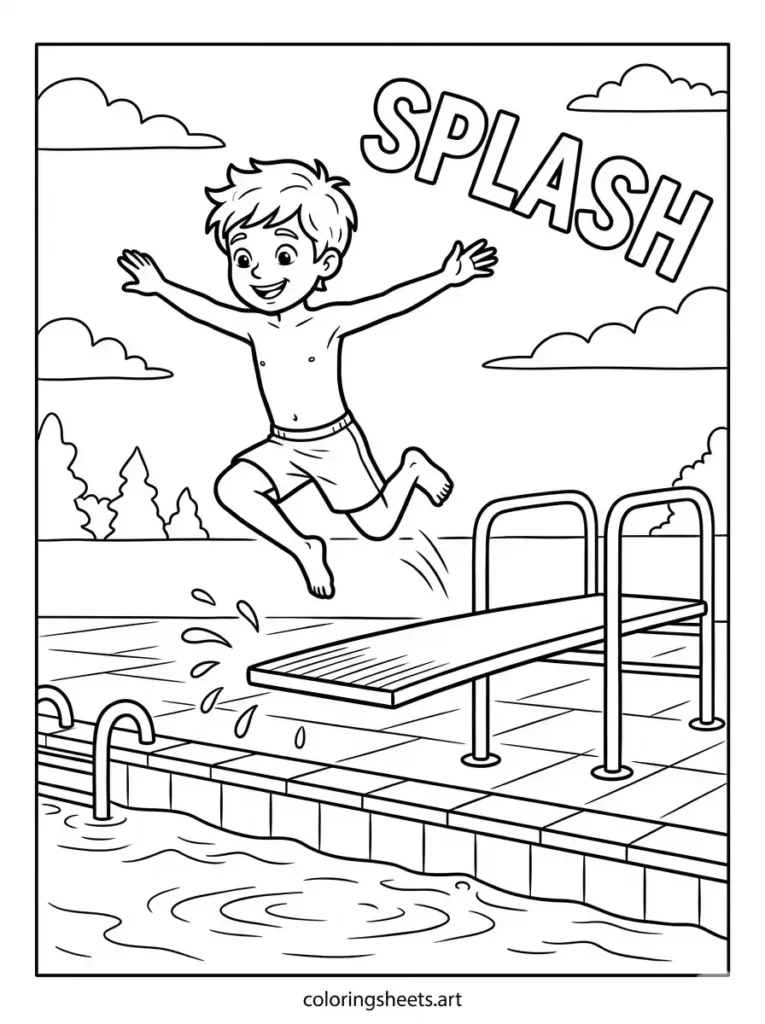 A boy leaping into the water from a high diving board with splash text, simple free printable coloring sheets coloring page