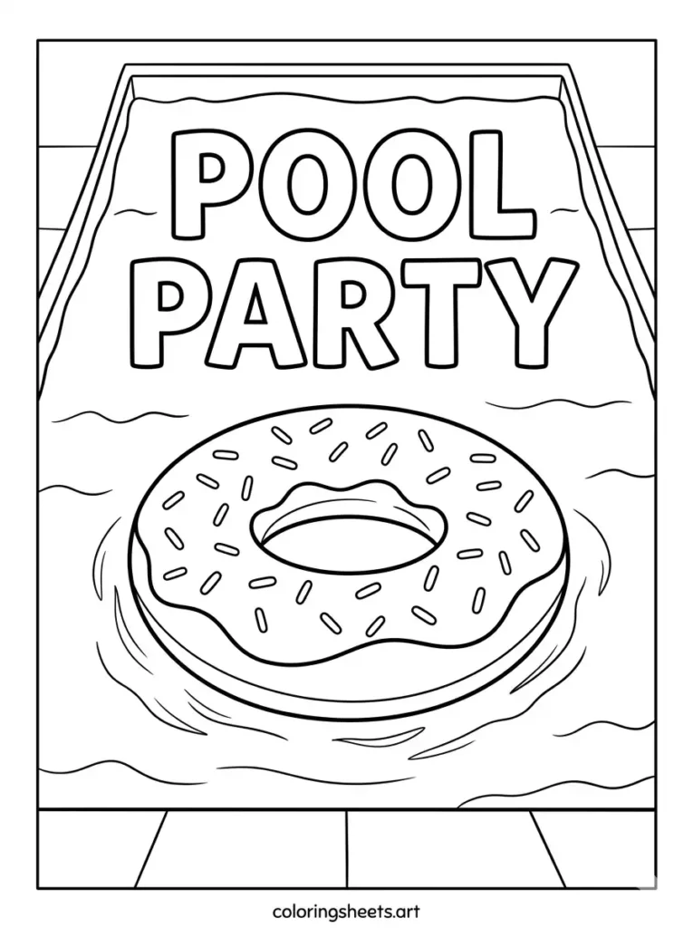 An inflatable donut float with bold pool party outline text above the water, free printable coloring sheets coloring page