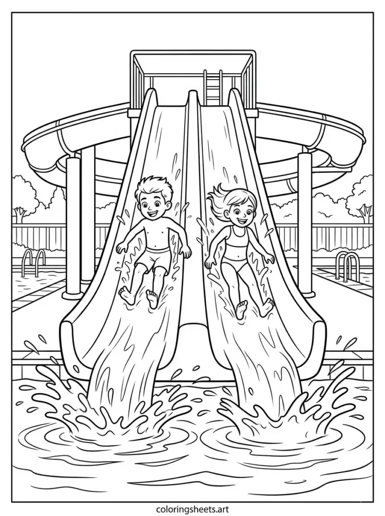 Two children racing down a double water slide into a wide backyard pool, free printable coloring sheets coloring page