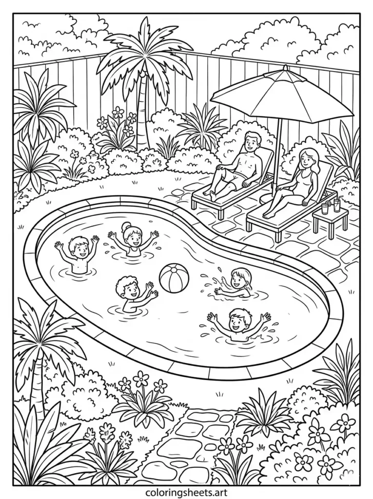 A family enjoying a sunny day around an oval backyard pool, simple free printable coloring sheets for kids coloring page