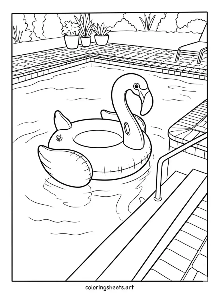 A large inflatable flamingo float drifting on calm pool water, printable PDF for kids coloring sheets coloring page