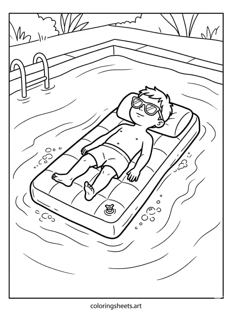 A child resting on a floating water mattress, simple swimming pool free printable PDF for kids coloring page
