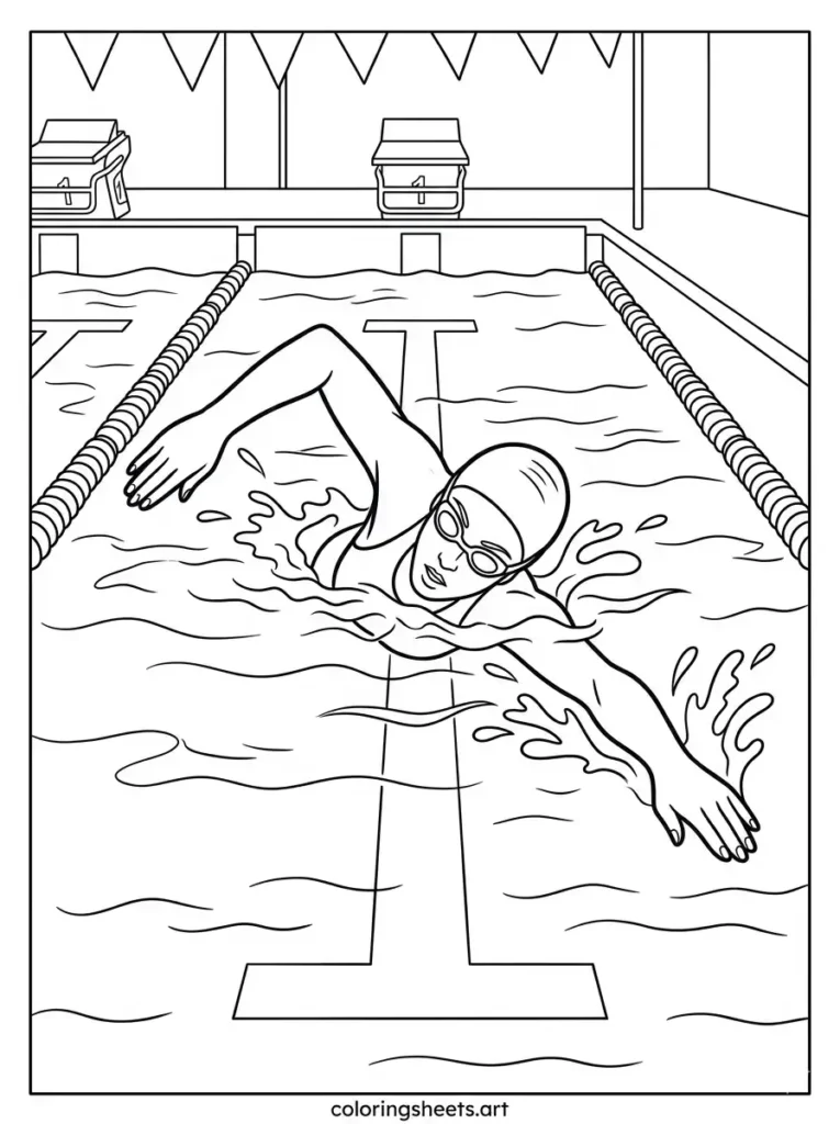 A swimmer doing a freestyle stroke in a designated pool lane, free printable coloring sheets for kids coloring page