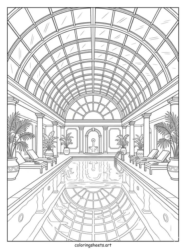 A calm indoor pool under a grand arched glass dome roof structure, free printable for adults simple coloring page
