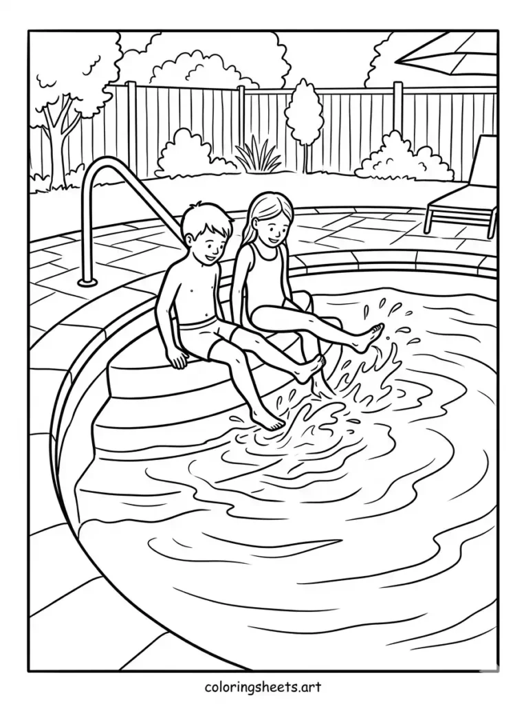 Children kicking water on the pool steps, simple free printable swimming pool coloring sheets for kids coloring page