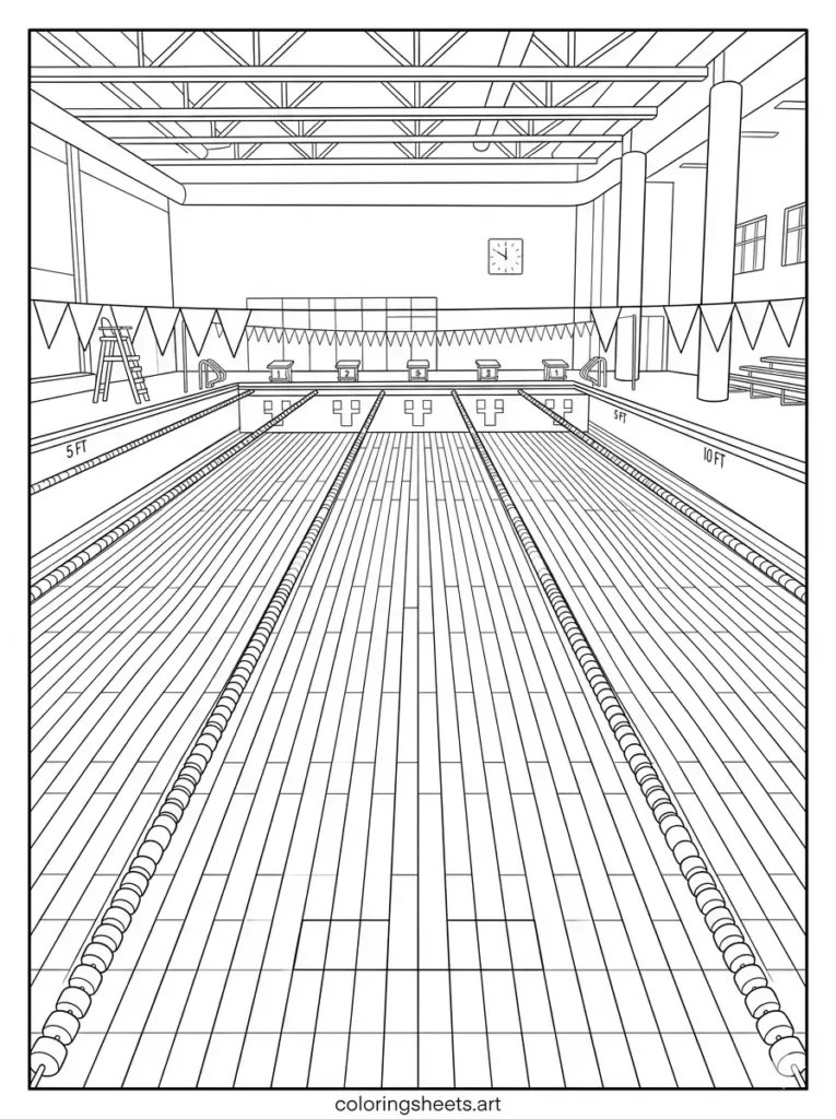 A professional indoor lap pool with lane dividers, printable PDF for adults coloring sheets coloring page