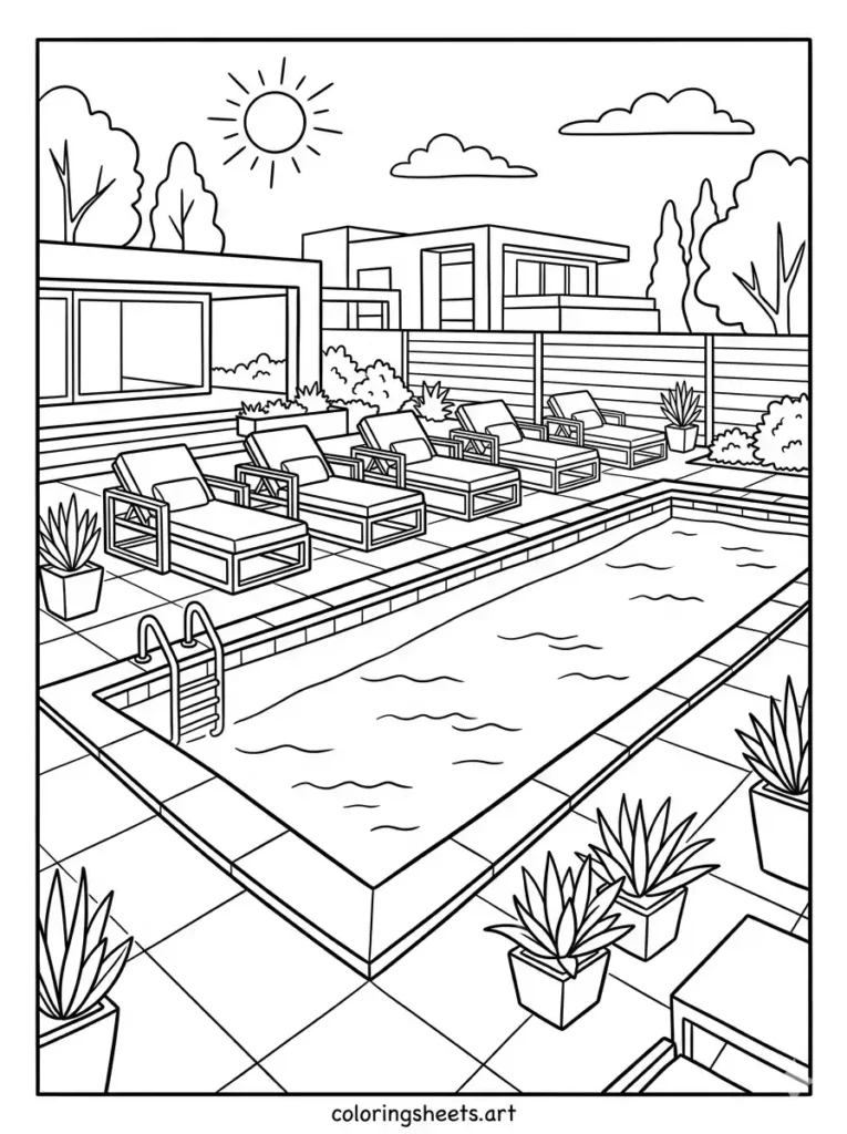 A modern rectangular luxury pool lined with geometric lounge chairs, free printable for adults coloring sheets coloring page