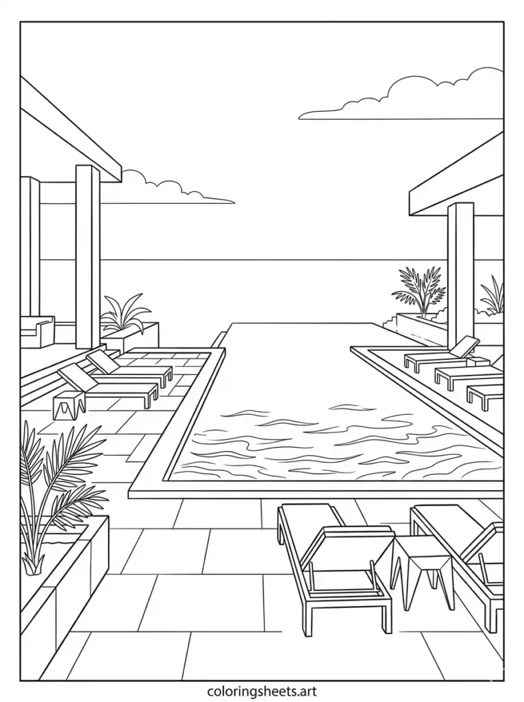 A luxury resort infinity pool looking out toward the horizon line, printable PDF for adults coloring sheets coloring page