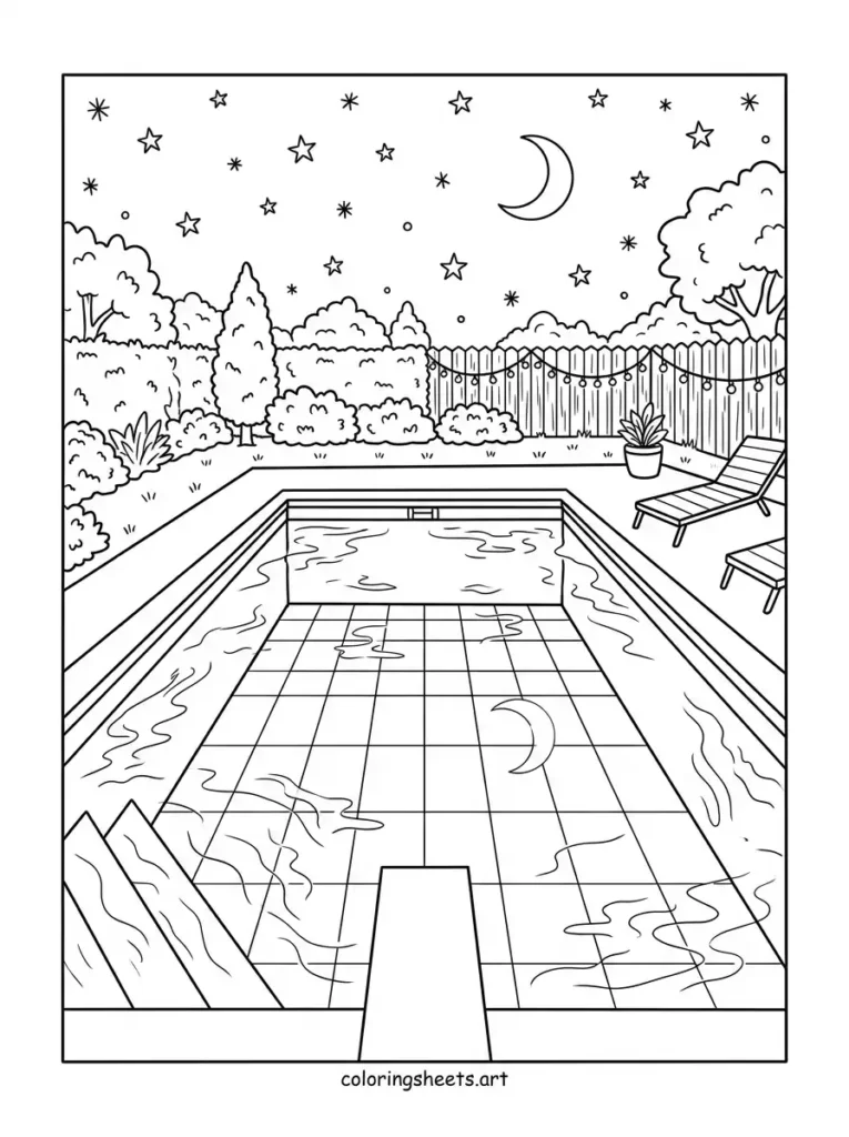 An empty backyard pool at night with a crescent moon water reflection, simple printable PDF for adults coloring page
