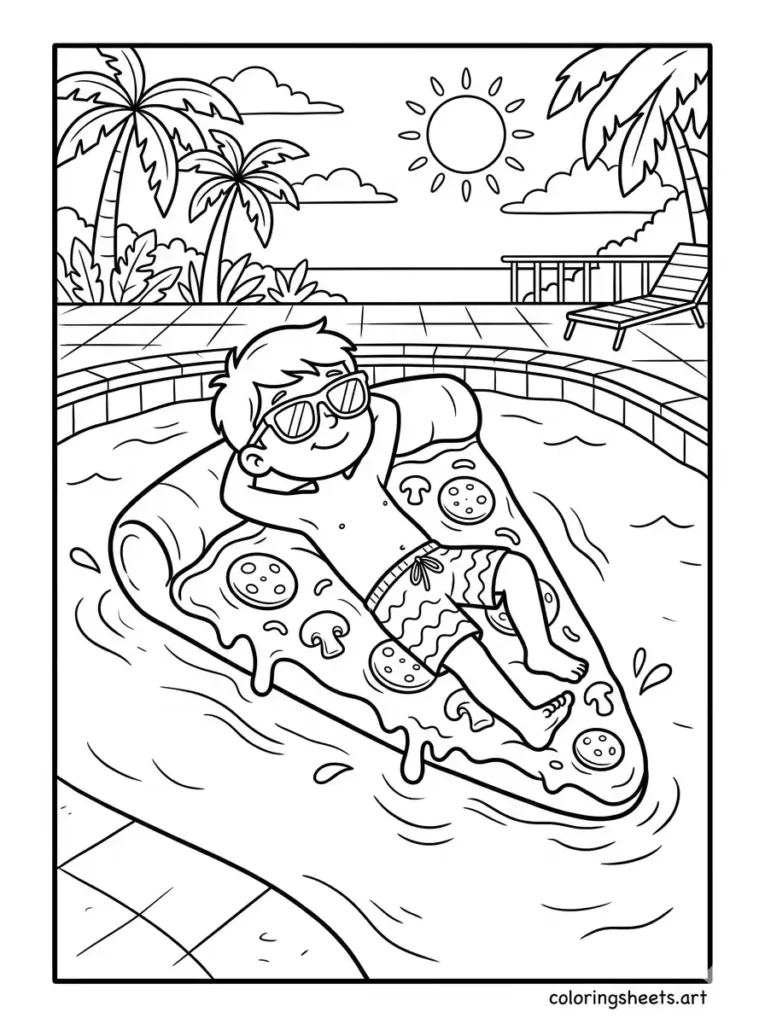 A child resting on a large floating inflatable pizza slice in a pool, free printable coloring sheets for kids coloring page