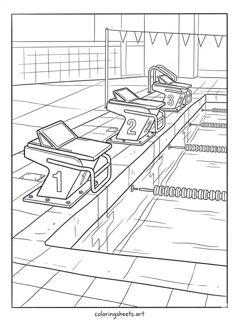 Professional numbered starting blocks at the edge of a lap pool, free printable for adults simple coloring page