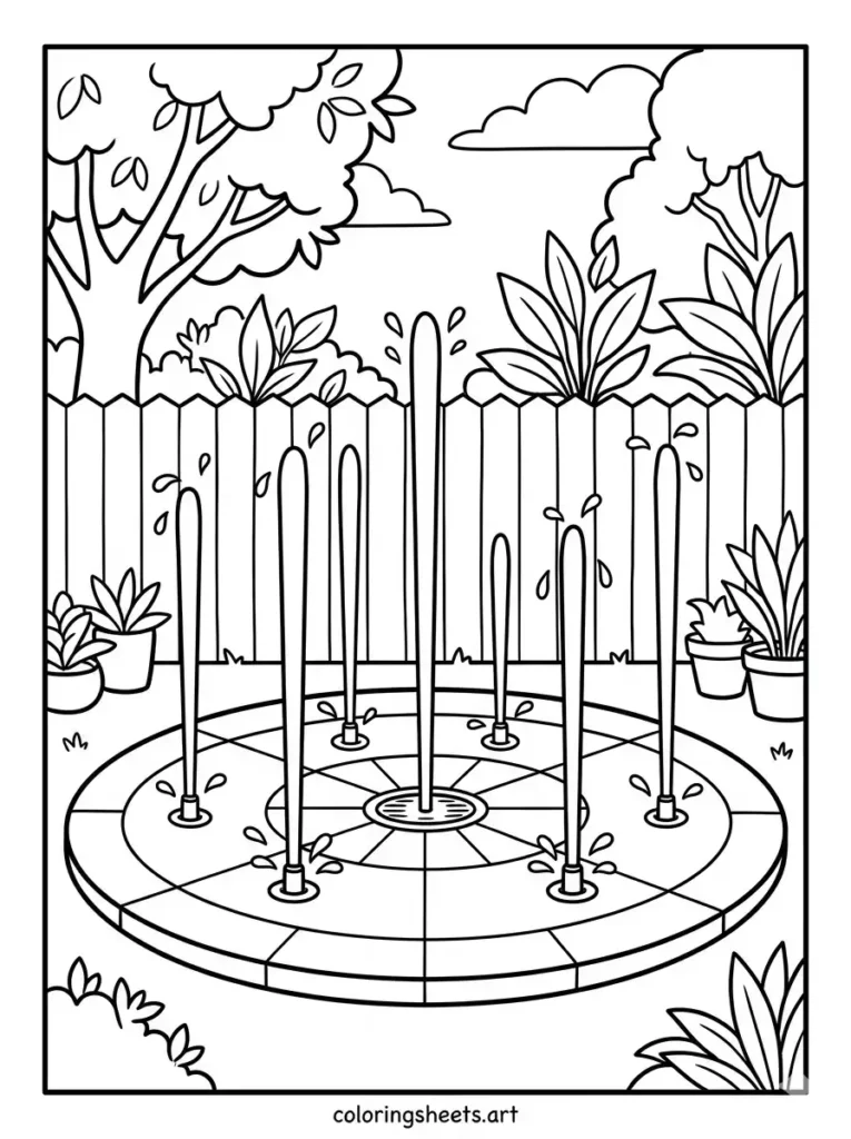 A simple circular backyard splash pad shooting small water streams, printable PDF for toddlers simple coloring page