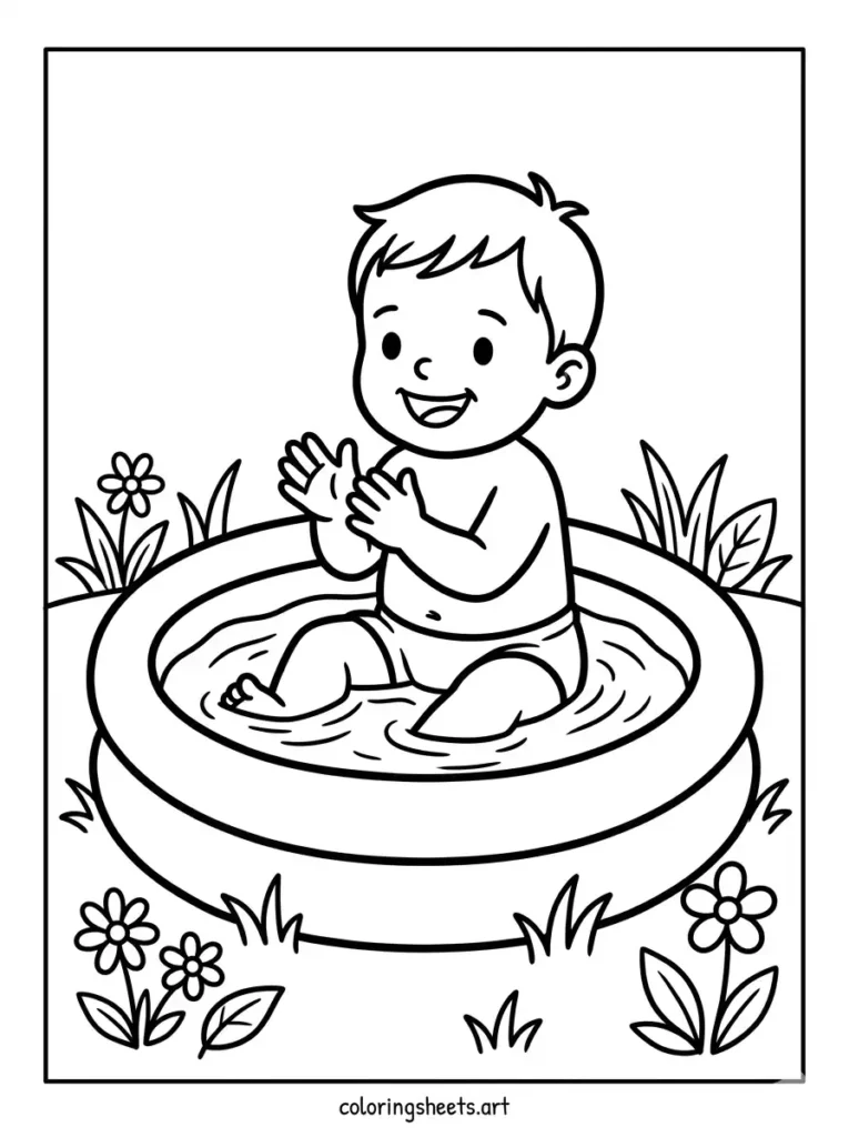 A toddler splashing inside a shallow garden wading pool, simple printable PDF for toddlers coloring page