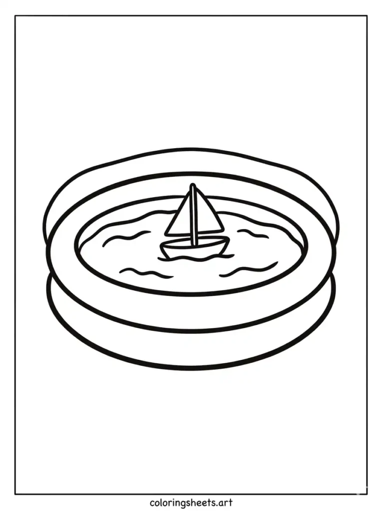 A very simple round toddler wading pool with a tiny toy boat, free printable for toddlers simple coloring page