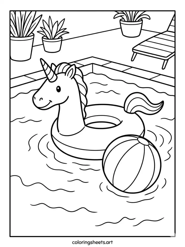 A simple unicorn inflatable float drifting next to a beach ball, simple printable PDF for kids coloring page