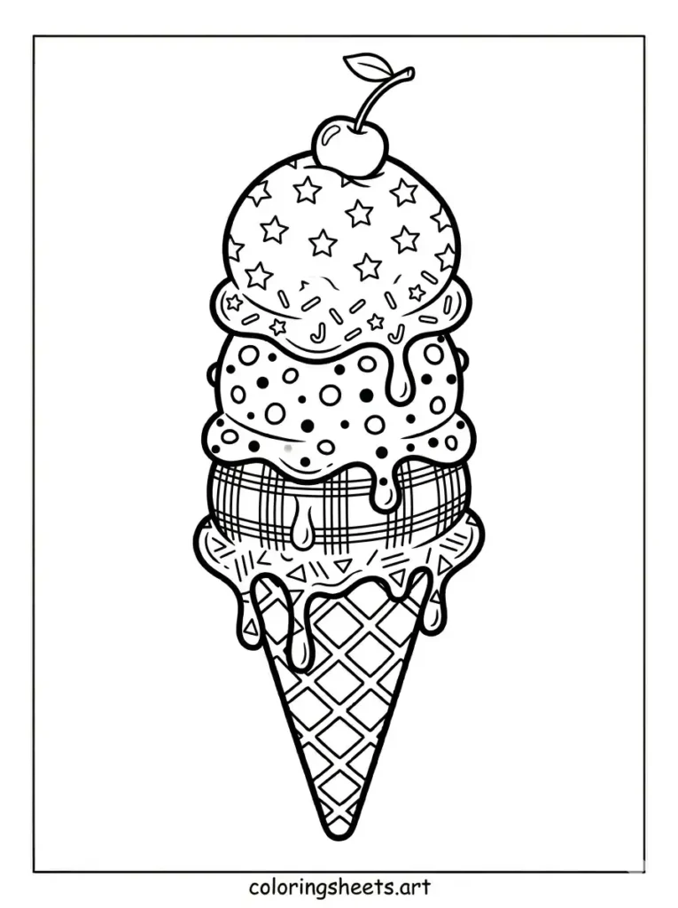 Tall five scoop tower ice cream coloring page for adults