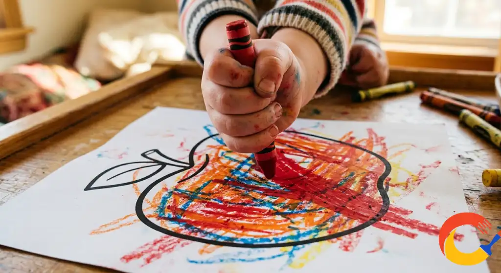 A toddler coloring a simple bold-outline page with thick crayon strokes
