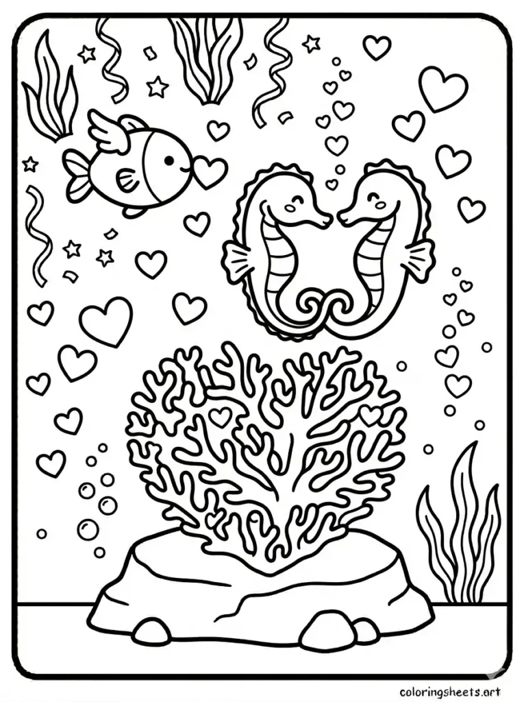 Free printable ocean coloring pages for kids for Valentines Day with love hearts and seahorses