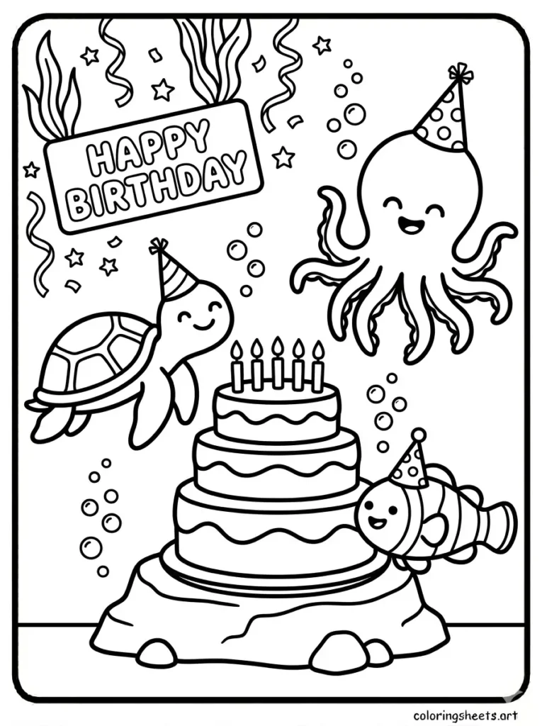 Free printable ocean coloring pages for kids featuring ocean animals having an underwater birthday party