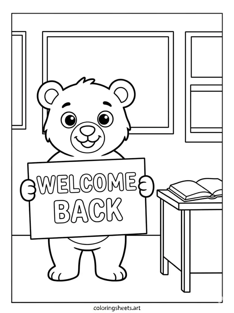 Friendly bear cub welcome back to school coloring pages for kids printable PDF