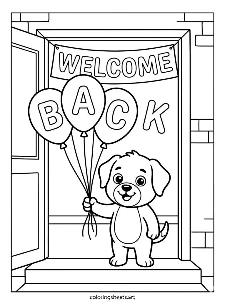 Happy puppy balloons welcome back to school coloring sheets free printable for toddlers