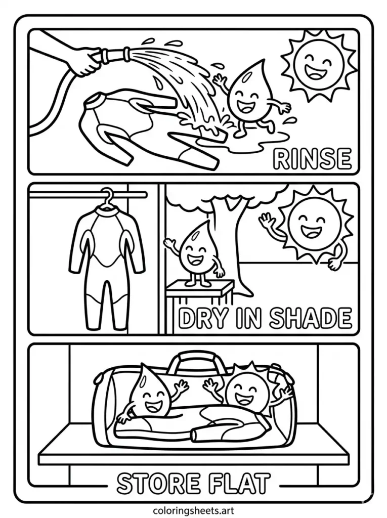 How to care for your wetsuit rinse dry store coloring page simple printable PDF