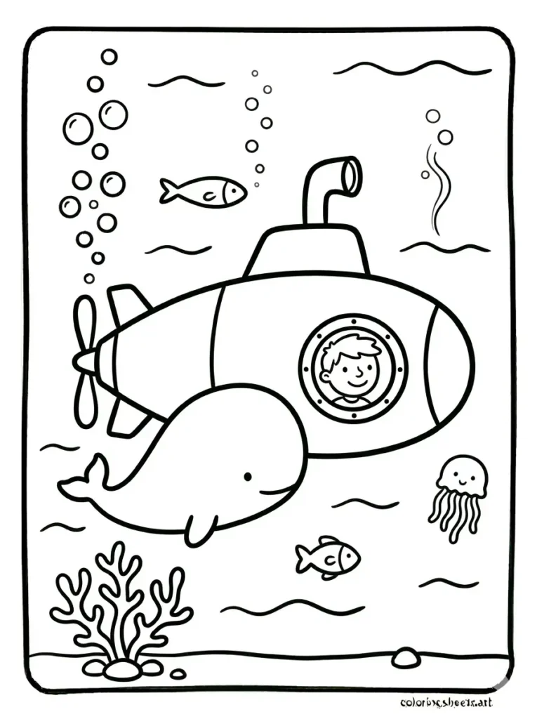 Free printable ocean coloring pages for kids featuring a submarine exploring the deep ocean