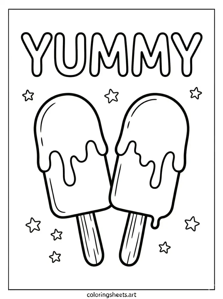 YUMMY text with twin popsicles printable pdf for kids