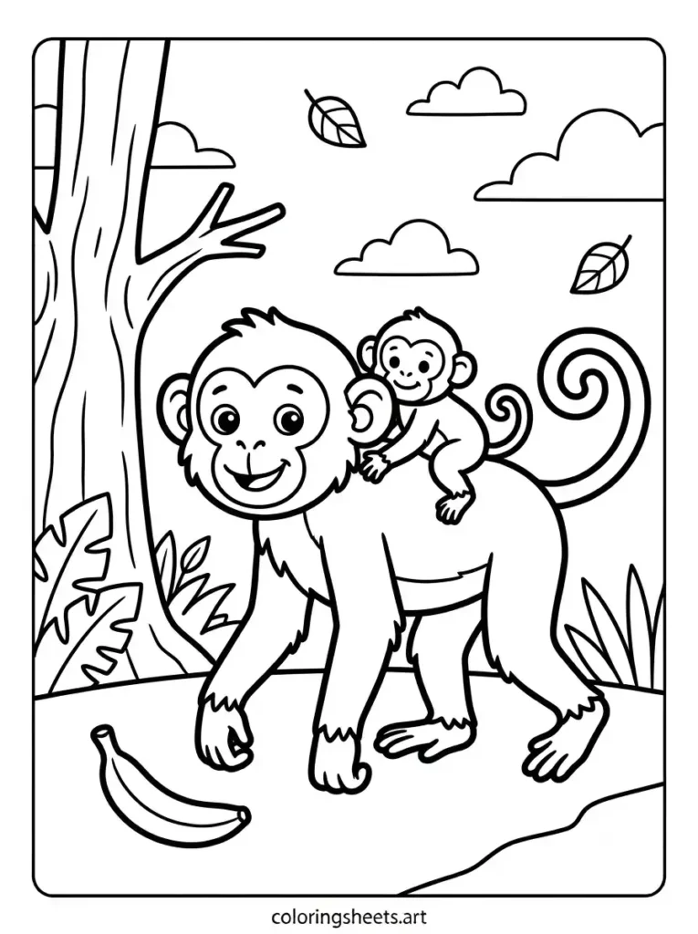 Zoo animals coloring pages baby monkey riding mother back printable for kids