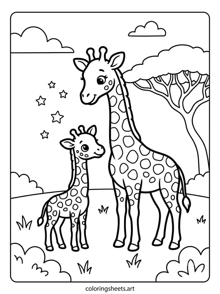 Zoo animals coloring pages giraffe calf with mother simple printable for kids