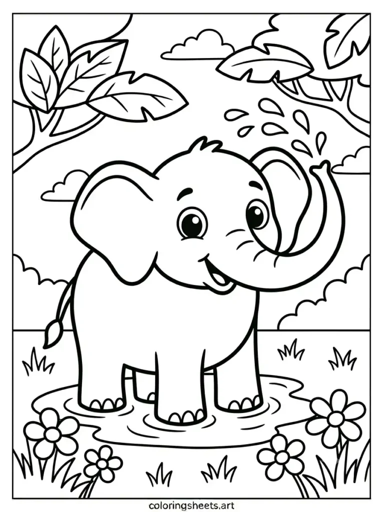 Free printable zoo animals coloring pages elephant spraying water for kids