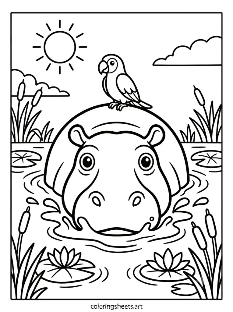 Zoo animals coloring pages hippopotamus mud pool habitat printable for kids