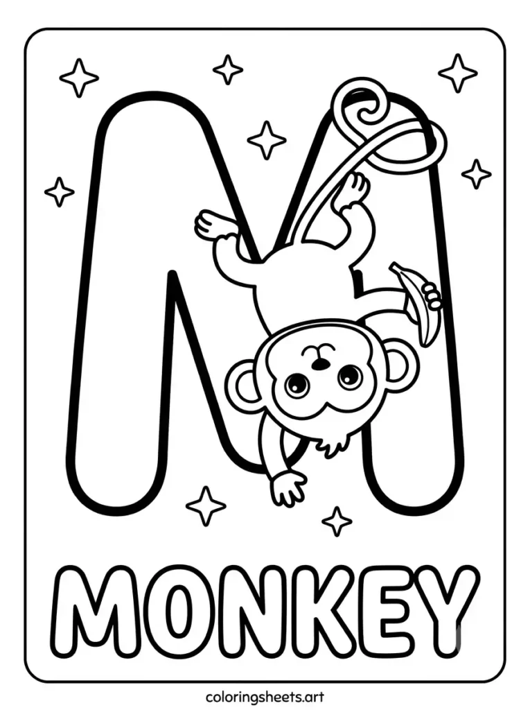 Zoo animals coloring pages letter M with monkey ABC printable for kids