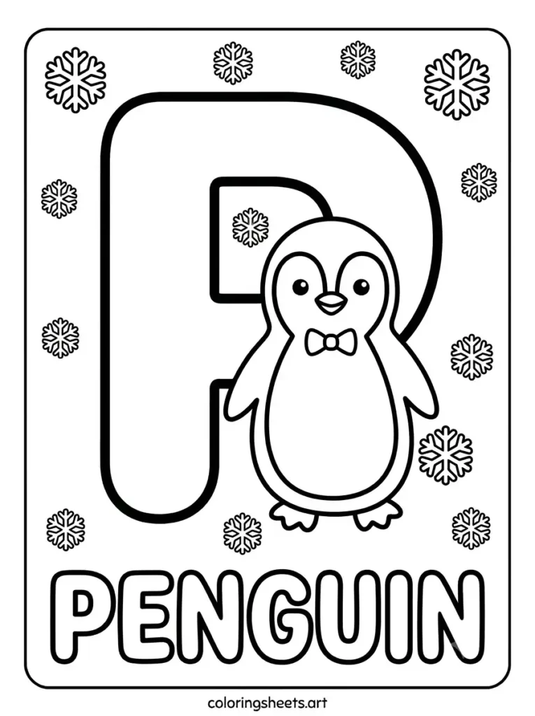 Free printable zoo animals coloring pages letter P with penguin for kindergarten