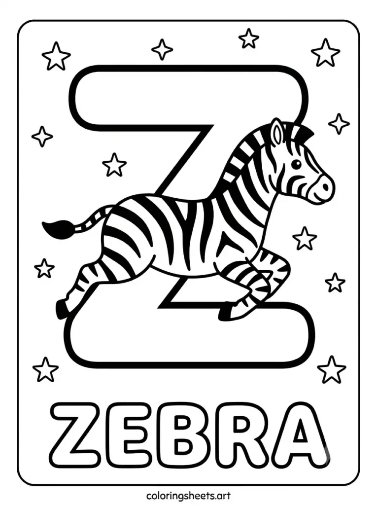 Zoo animals coloring pages letter Z with zebra ABC printable PDF for kids