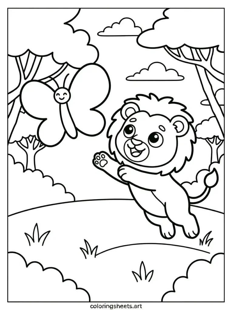 Zoo animals coloring pages lion cub pouncing butterfly printable for toddlers