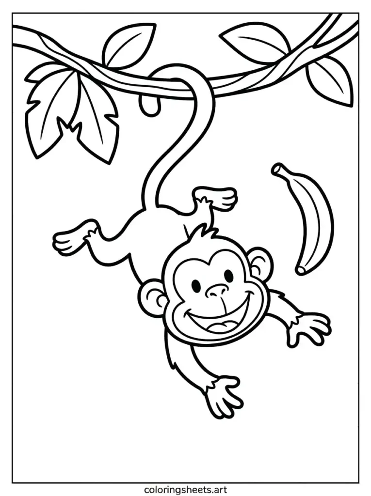 Free printable zoo animals coloring pages monkey swinging on vine for toddlers