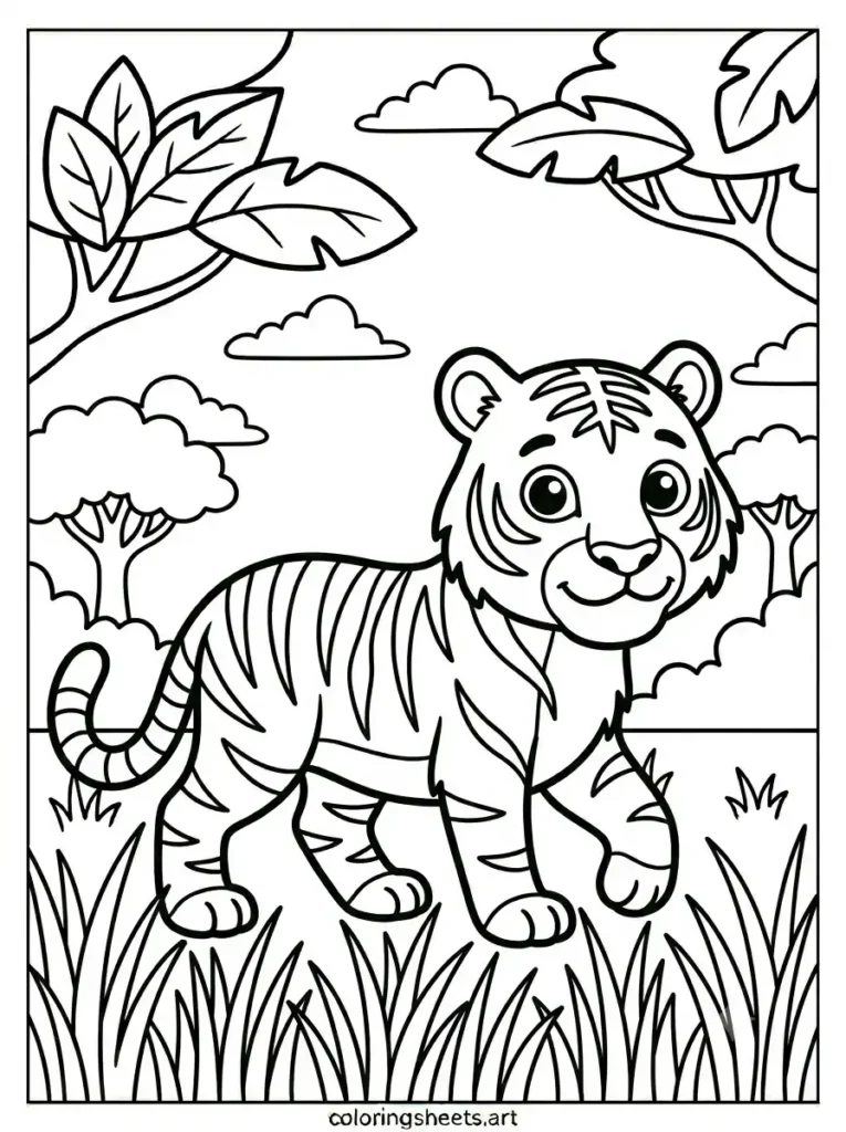Zoo animals coloring pages tiger prowling tall grass printable PDF for kids