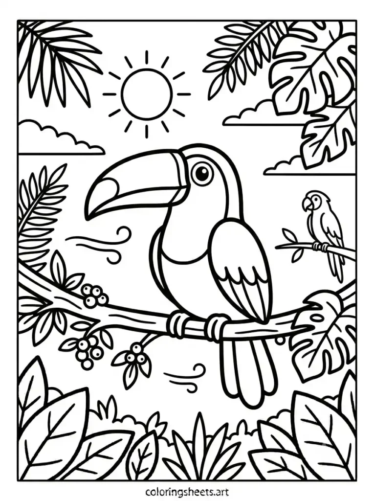 Free printable zoo animals coloring pages toucan perched rainforest branch for kids