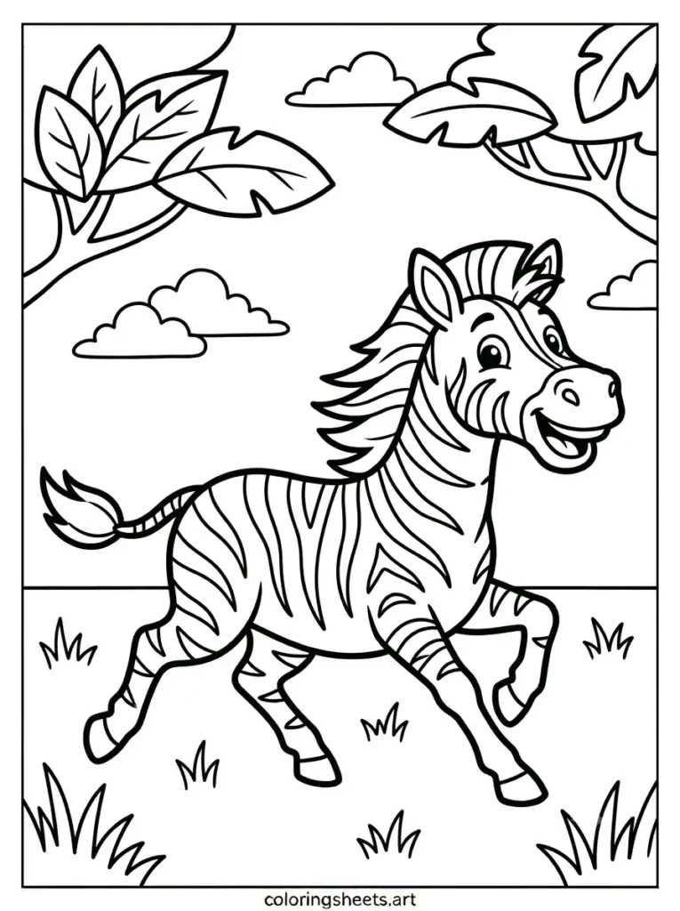 Zoo animals coloring pages zebra galloping on grass cute printable for kids