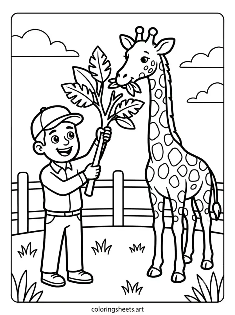 Free printable zoo animals coloring pages zookeeper feeding giraffe for kids
