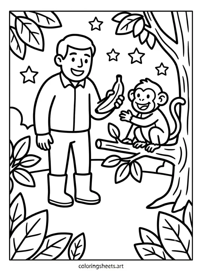 Free printable zoo animals coloring pages zookeeper giving banana to monkey for kids