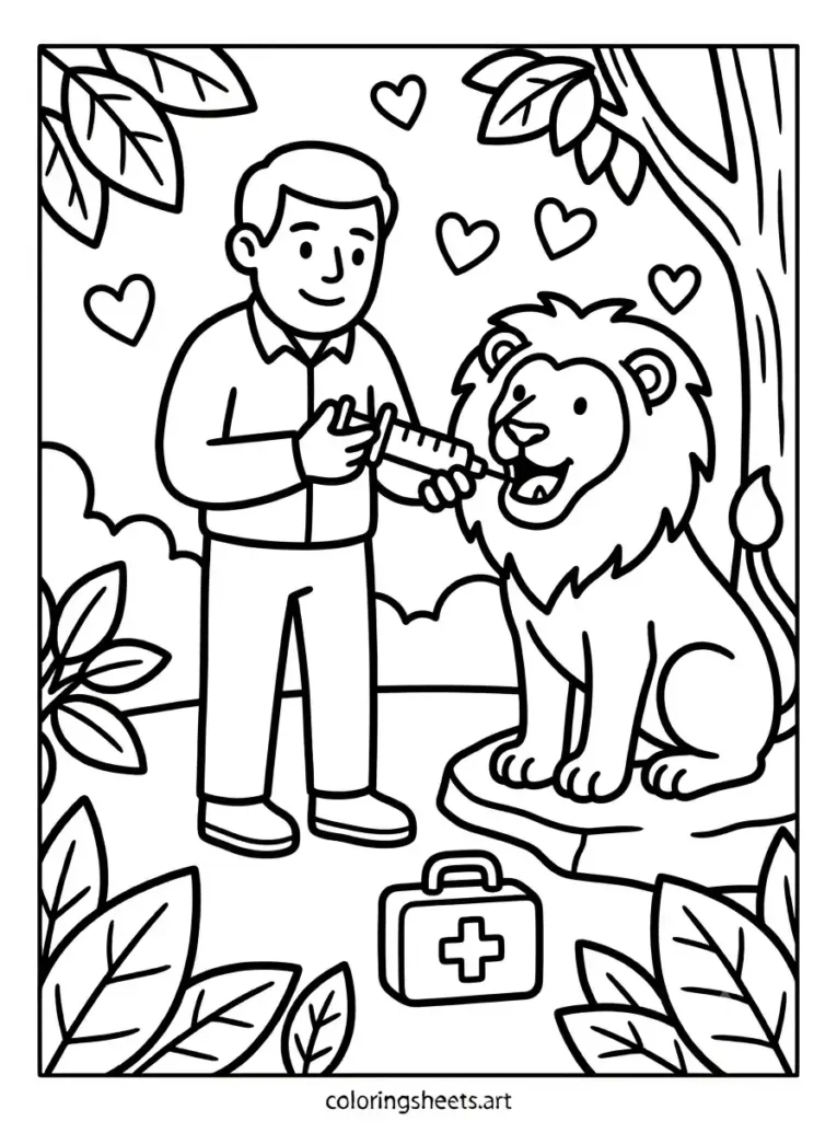 Zoo animals coloring pages zookeeper giving medicine to lion printable PDF for kids