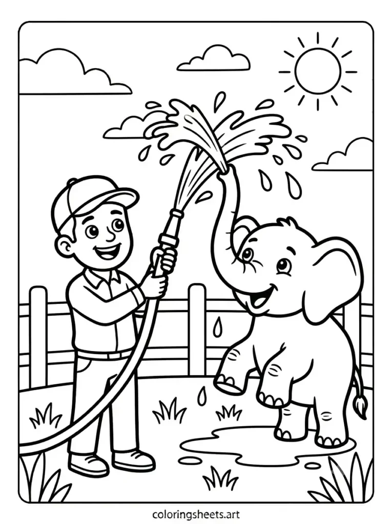 Zoo animals coloring pages zookeeper washing elephant water hose printable for kids